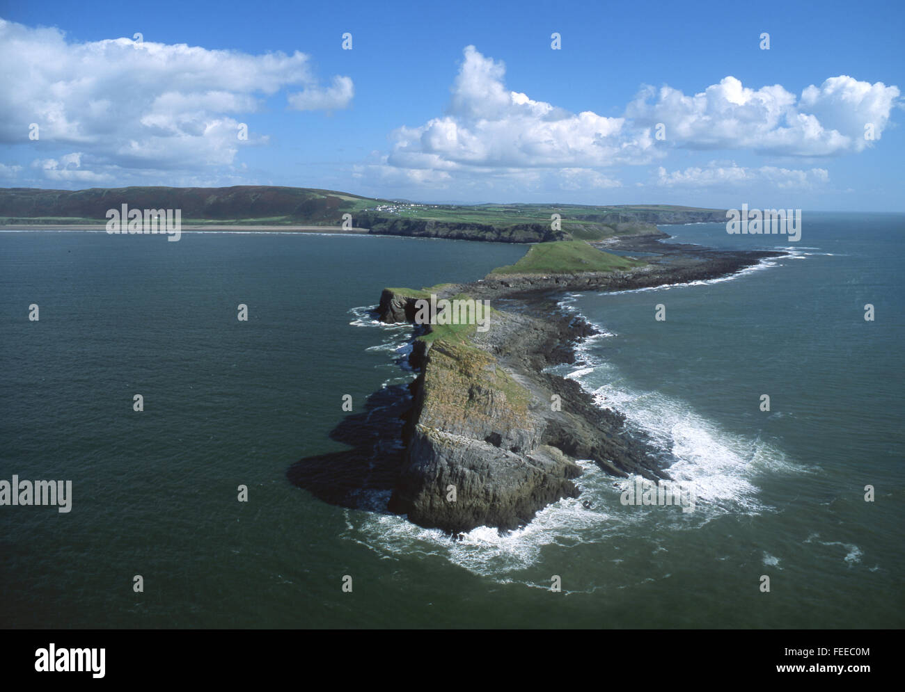 Worm's Head and Rhossili Bay beach aerial view Gower Peninsula Swansea County South Wales UK Stock Photo