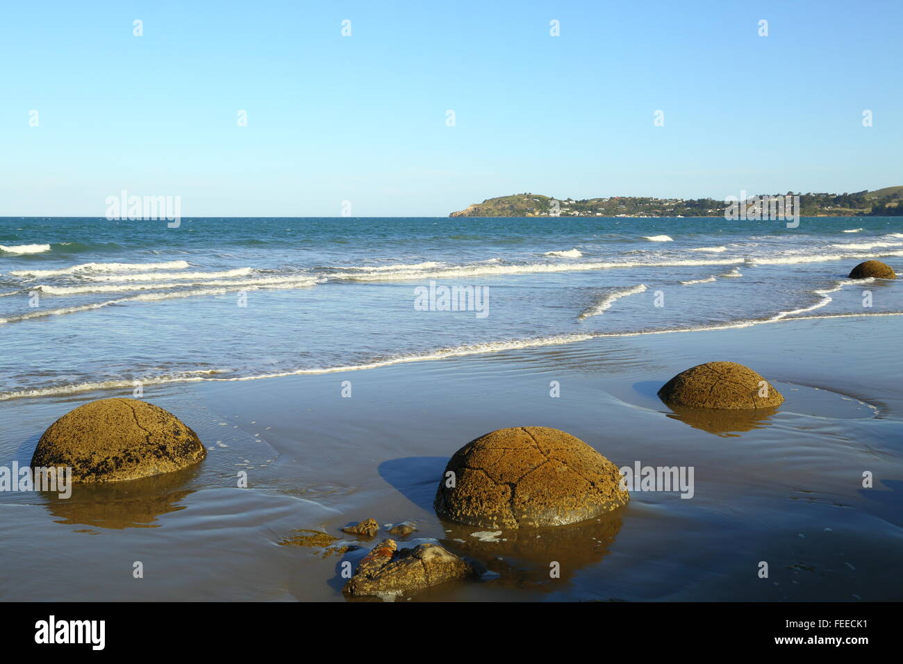 The concretions known as the Moeraki Boulders, exposed at low tide on the beach - Moeraki, Otago, New Zealand. Stock Photo