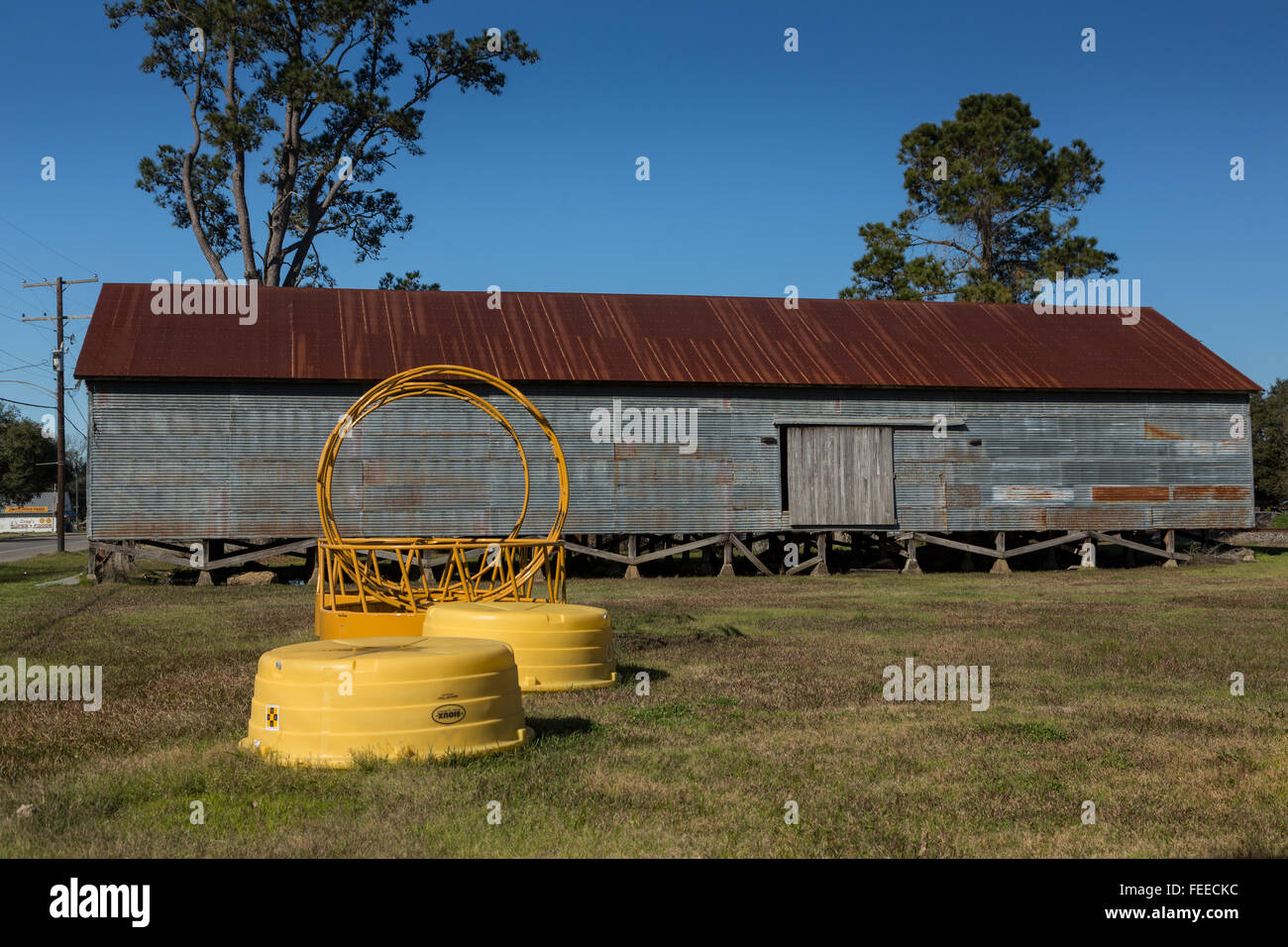 An old storage barn used to hold rice in rural Elton, Louisiana Stock