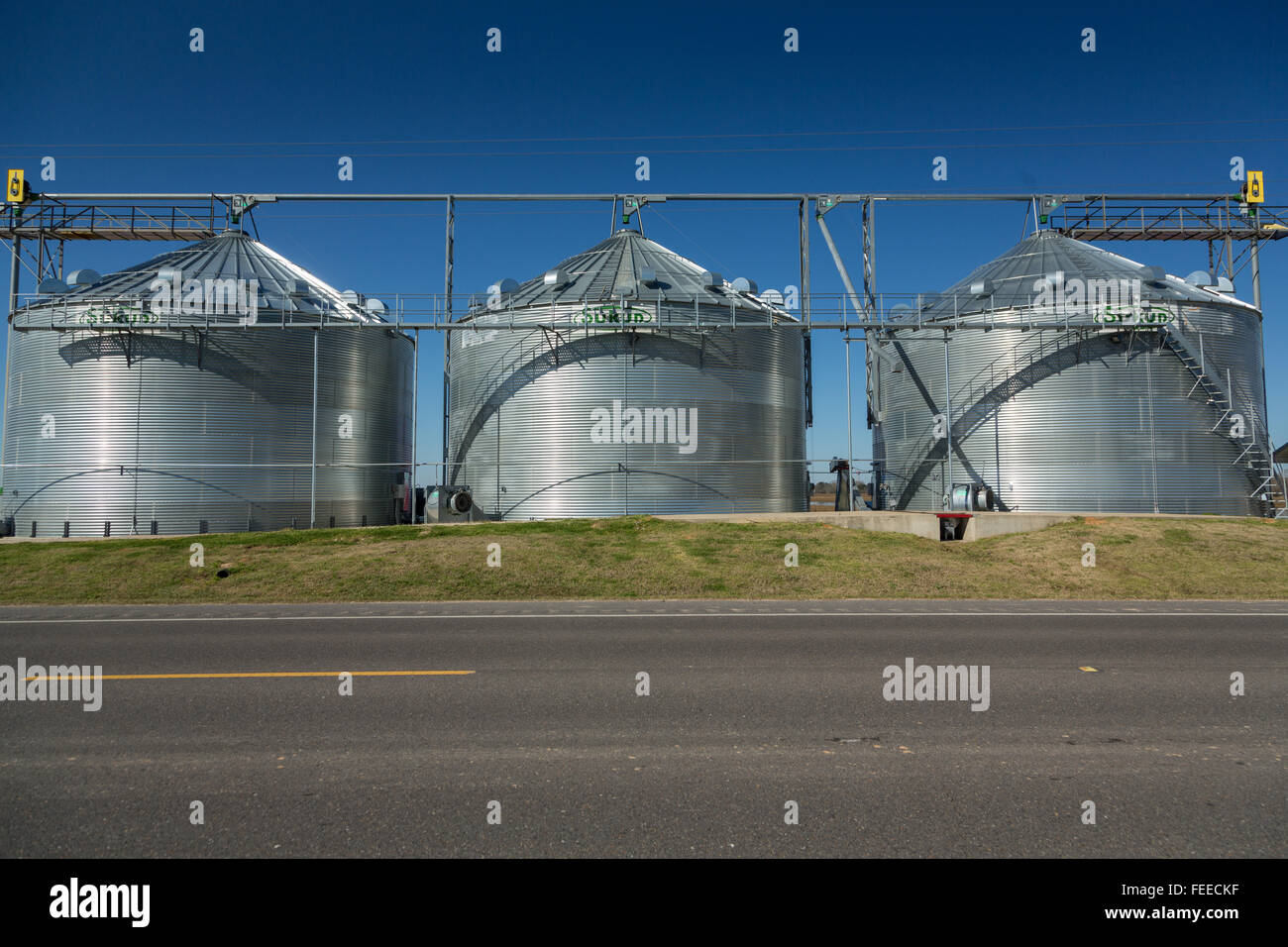 Grain silos used to store rice in rural Elton, Louisiana Stock Photo