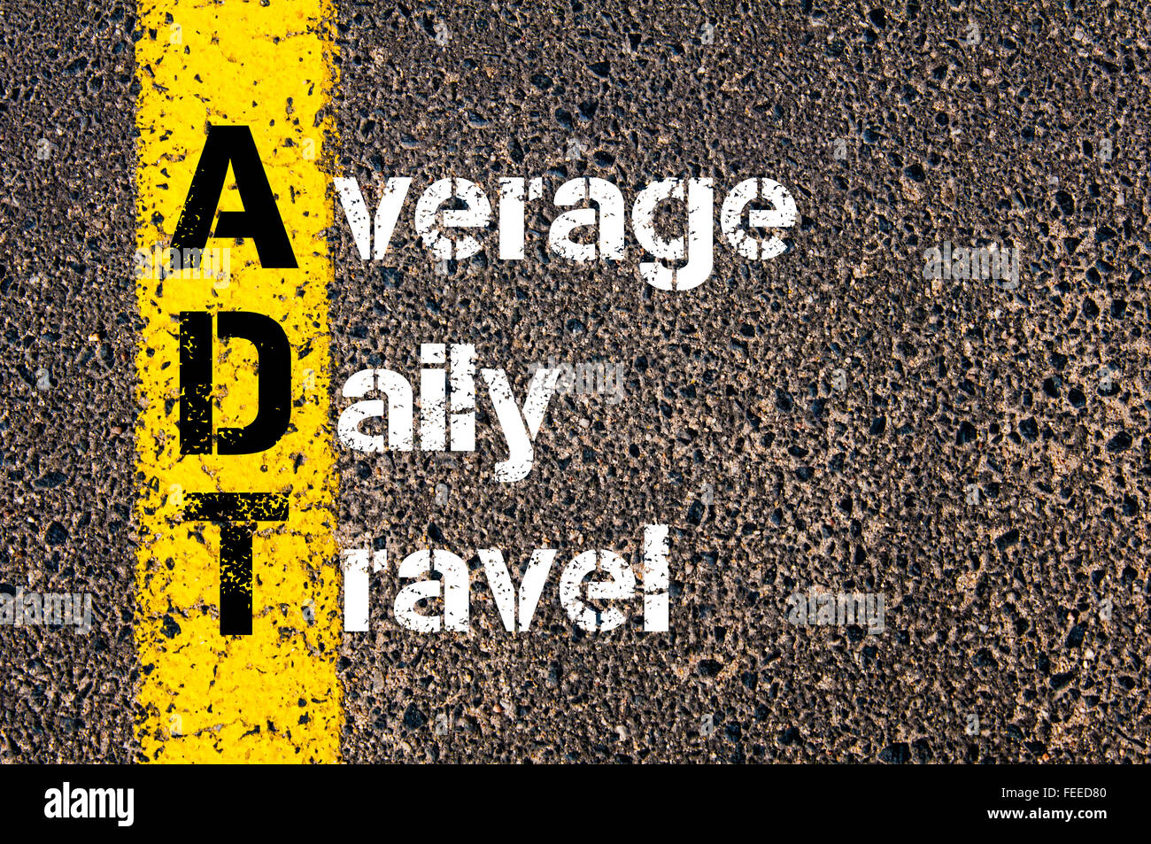 Concept image of Business Acronym ADT Average Daily Travel written over road marking yellow paint line. Stock Photo