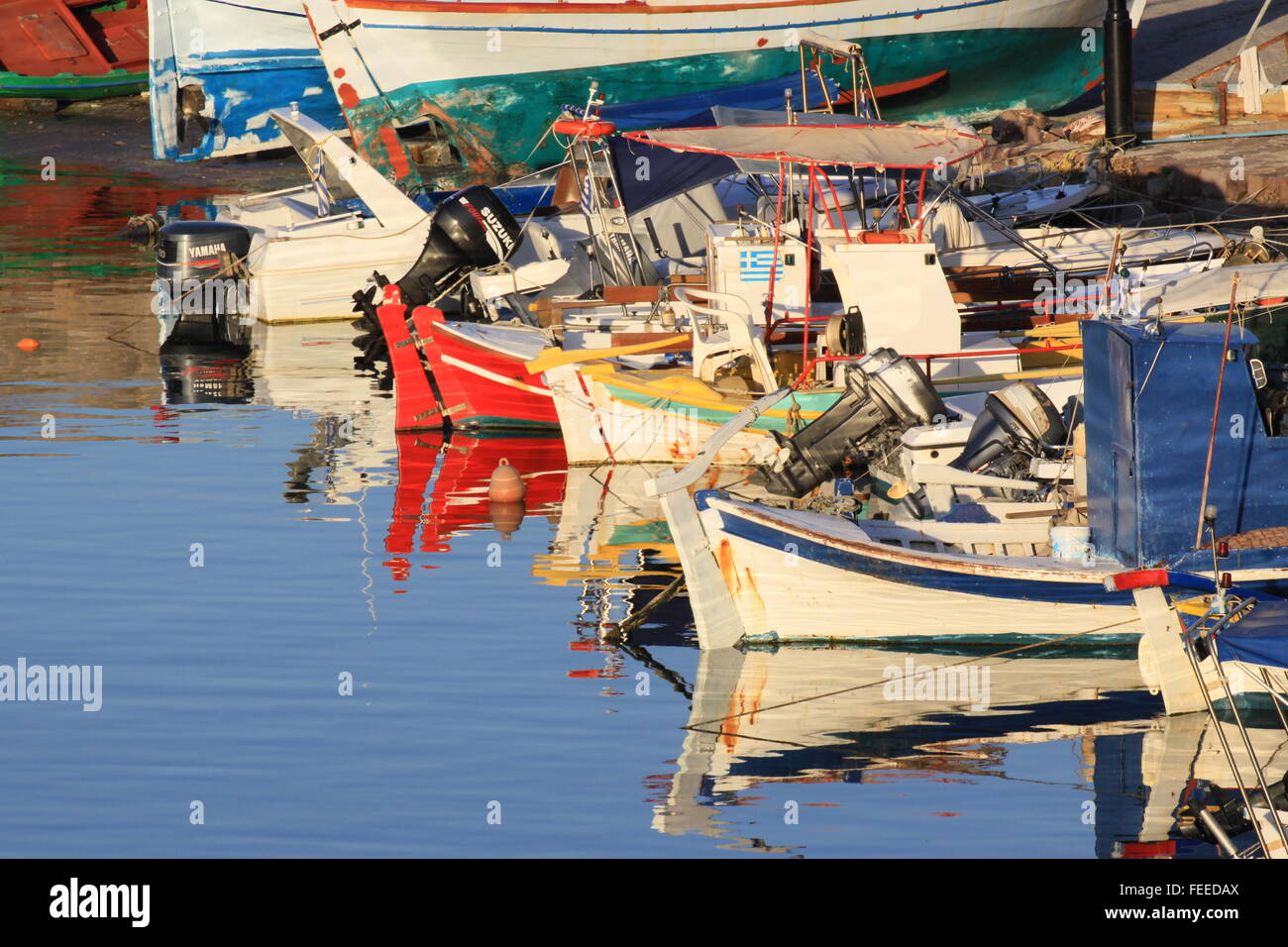 Colourfull fishing boats in the harbour at  Molyvos on the island of  ,Lesbos Greece Stock Photo