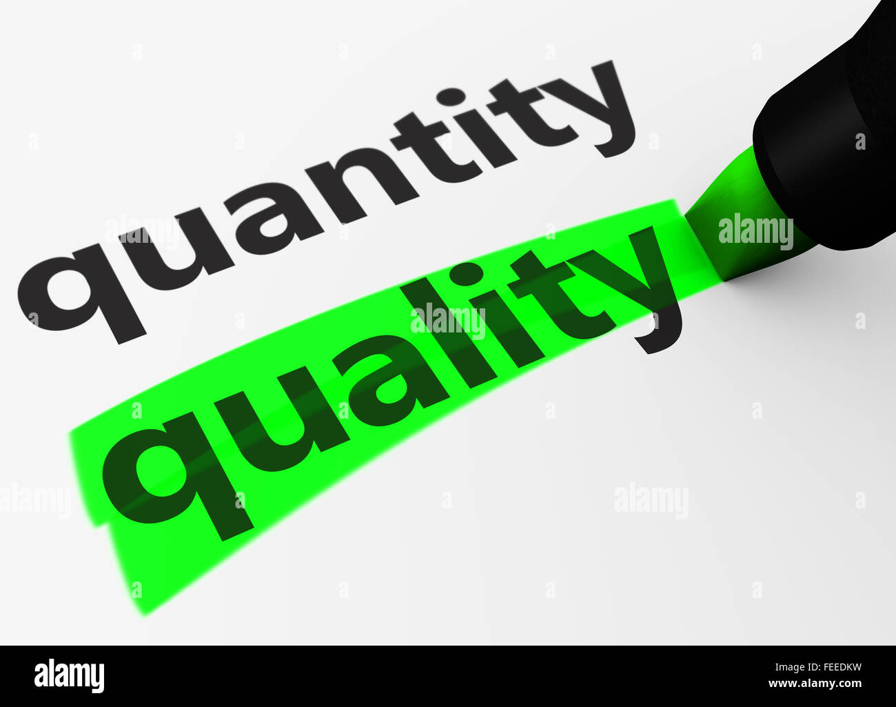 Quality versus quantity business concept with a 3d render of words and text highlighted with a green marker. Stock Photo