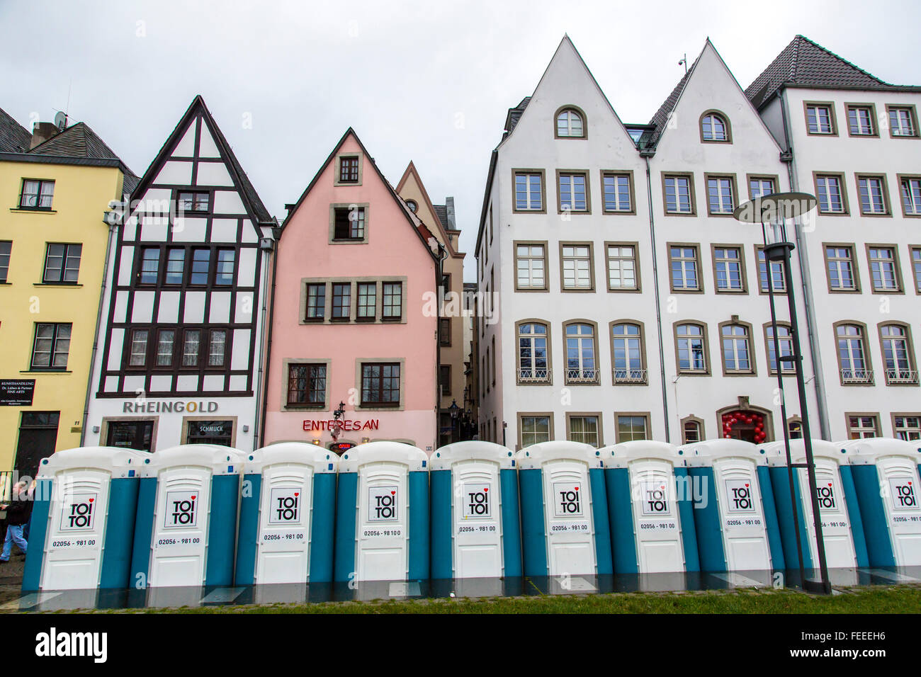 Mobile toilette cabins during street carnival in the old town, Cologne, Germany, Stock Photo
