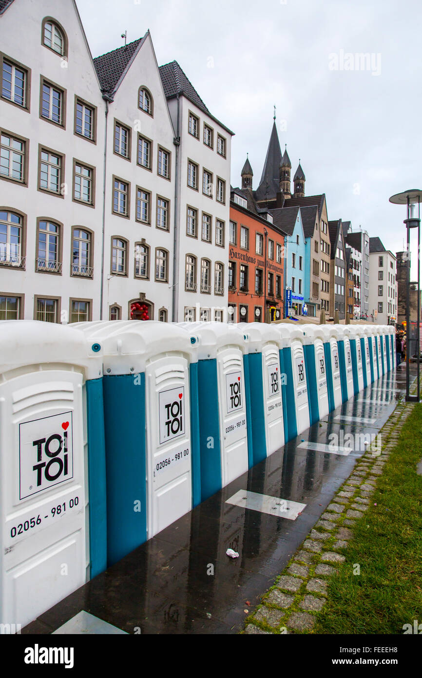 Mobile toilette cabins during street carnival in the old town, Cologne, Germany, Stock Photo