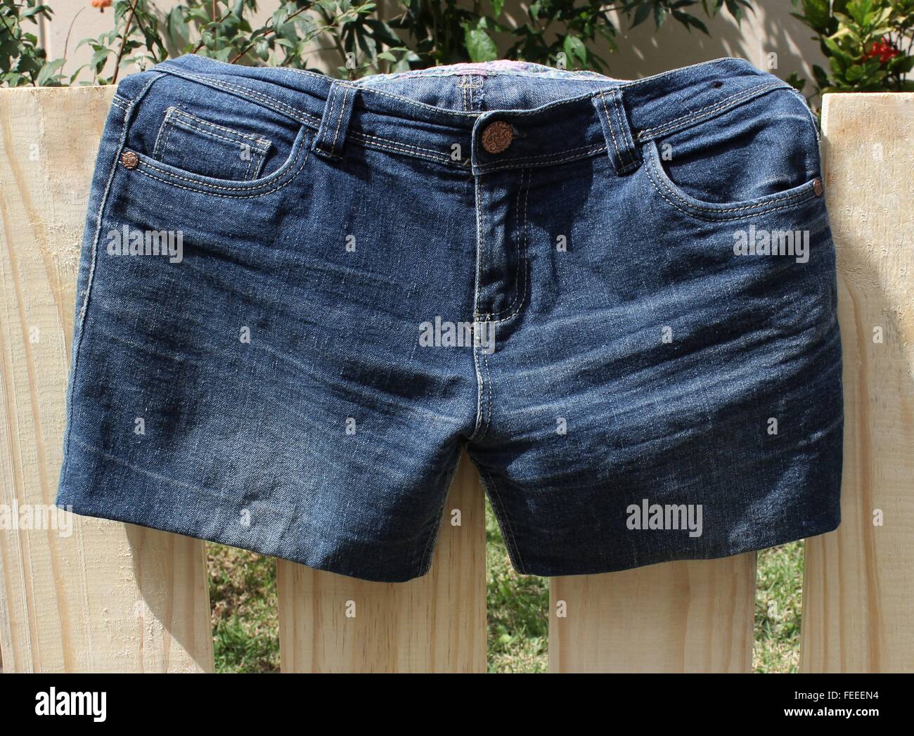 Short jeans before applying bleach. Stock Photo