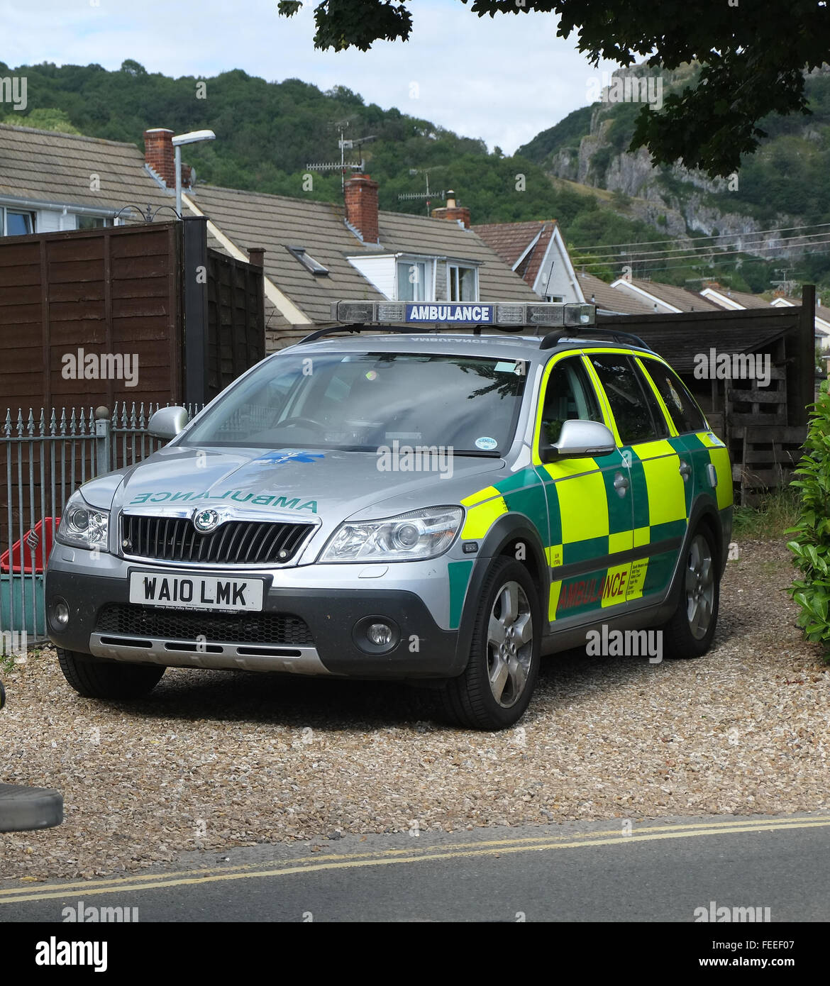 Paramedic unit outside a home in the Somerset village of Cheddar. Stock Photo