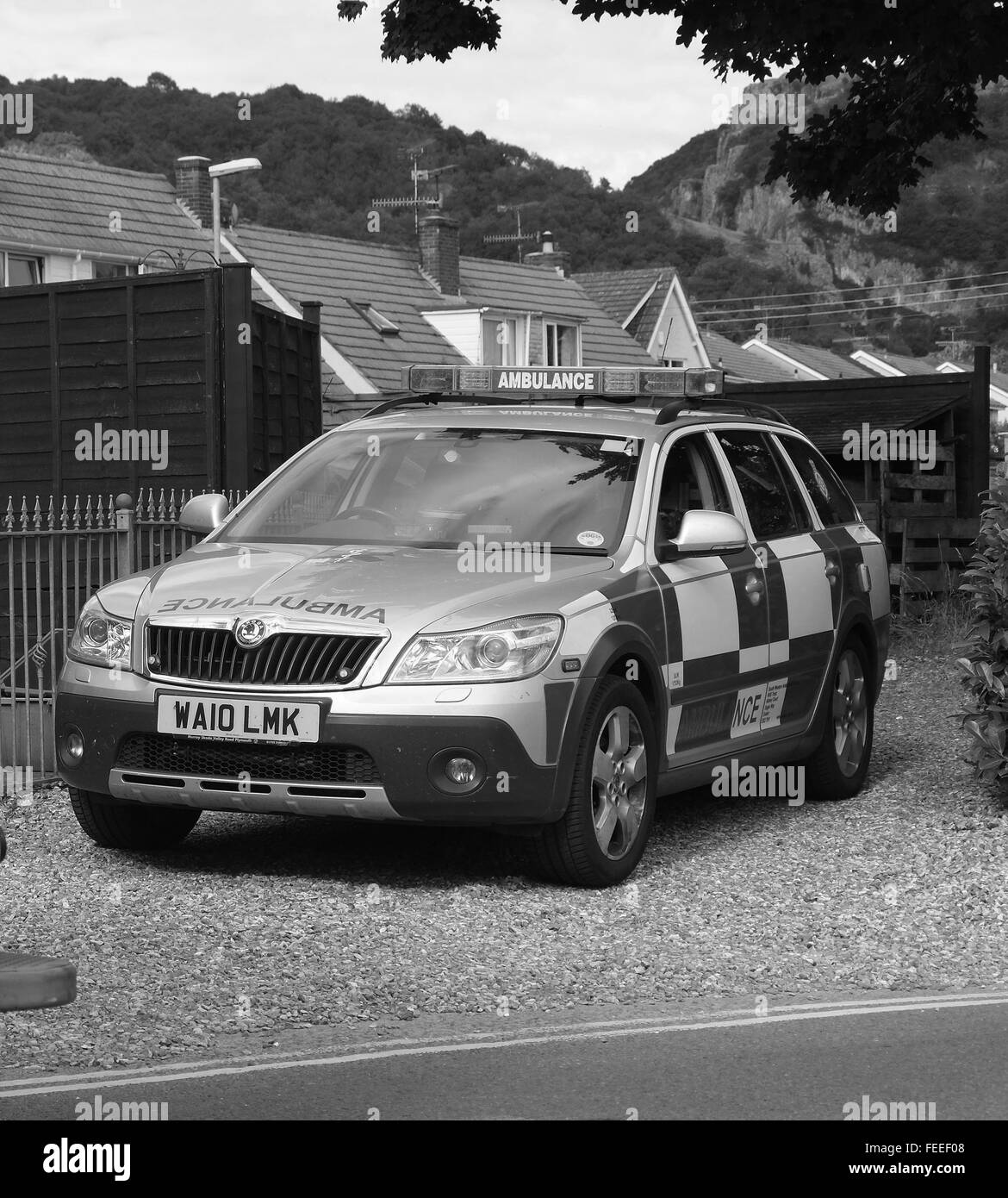 Paramedic unit outside a home in the Somerset village of Cheddar. Stock Photo