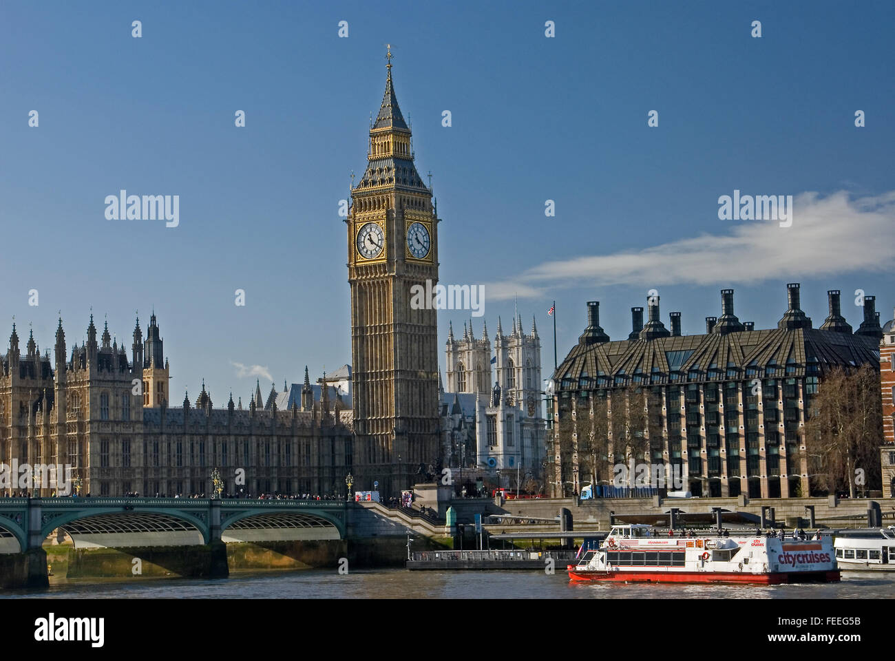 The iconic London landmark of Big Ben, part of the Palace of Westminster at the Houses of Parliament, stands at the end of Westminster Bridge, London Stock Photo