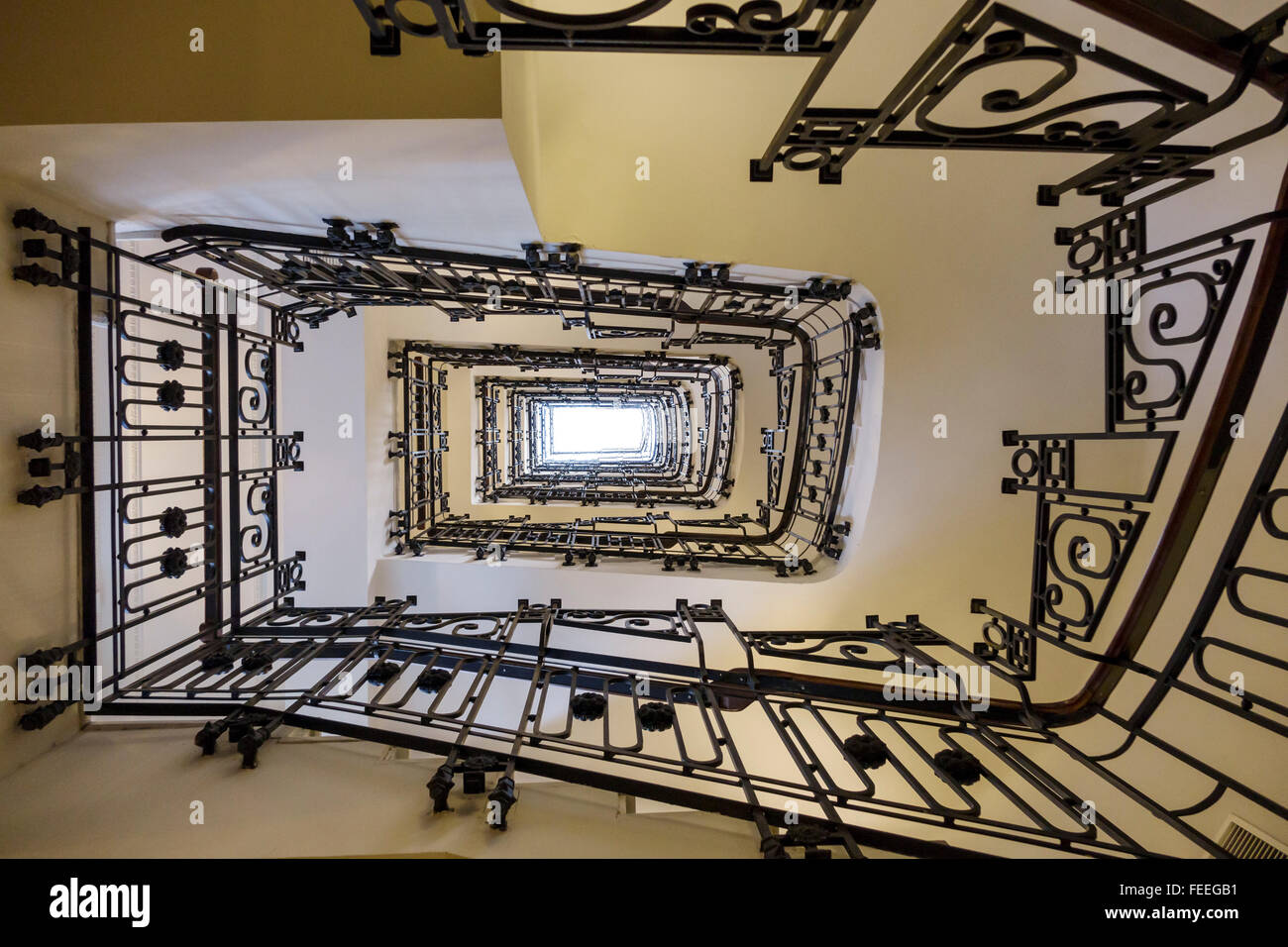 Madrid Spain,Europe European,Spanish,Chamberi,Plaza Alonzo Martinez,Innside Madrid Genova,hotel,lodging,spiral staircase,railing,wrought iron,Spain150 Stock Photo