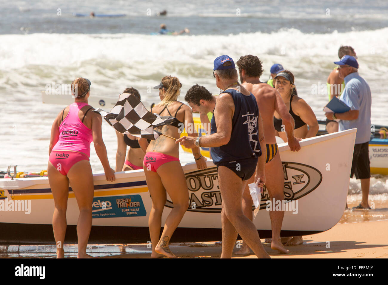 Sydney, Australia. 6th February, 2016. Ocean Thunder a televised Professional Surf boat racing event held on Collaroy Beach,Sydney, featuring elite mens and womens surf boat series. Pictured womens ladies crew team prepare to launch their surfboat Stock Photo