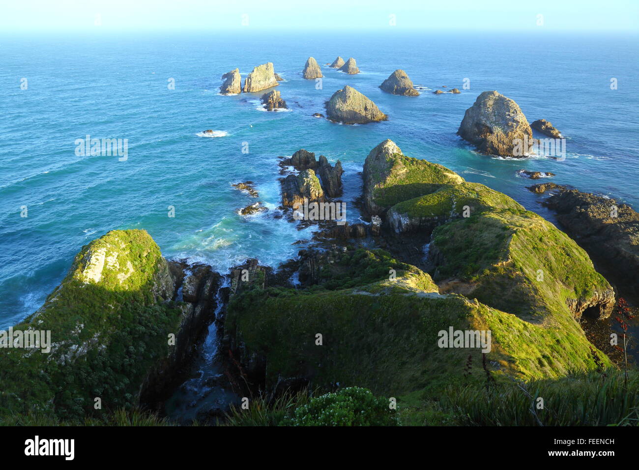 Some of the numerous 'nuggets' at Nugget Point Lighthouse on the Catlins Coast of New Zealand. Stock Photo