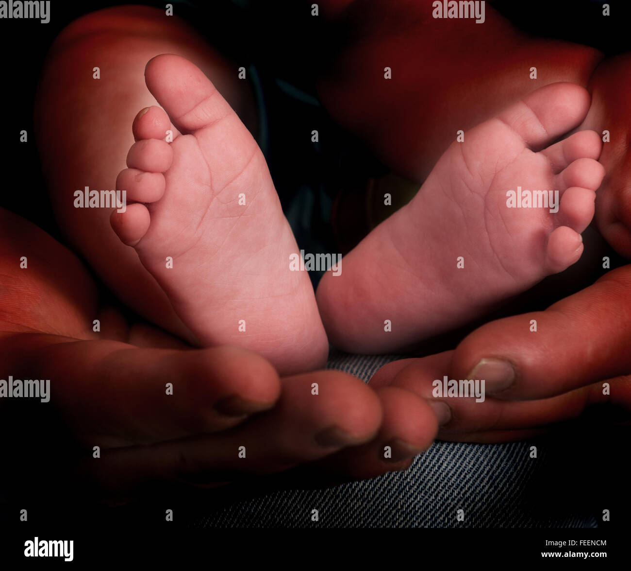Father holds in his hands a small baby feet Stock Photo