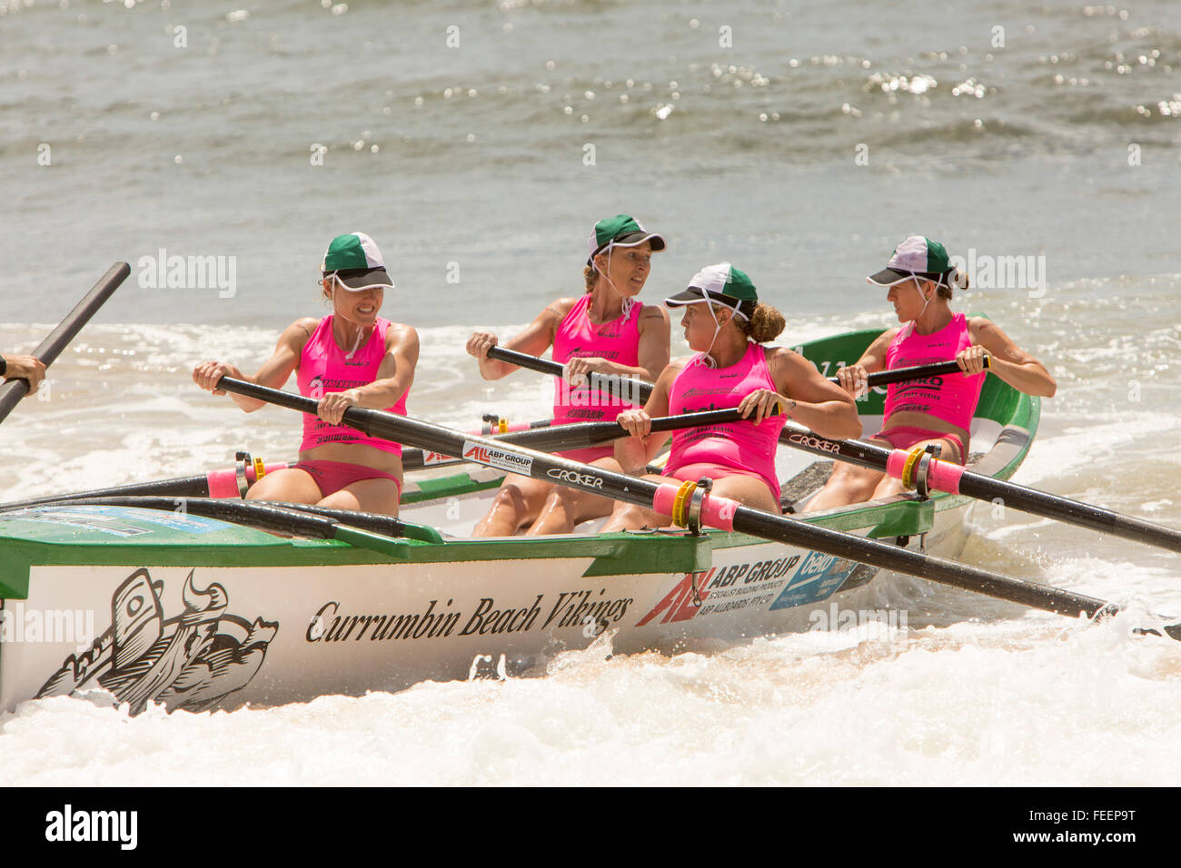 Sydney, Australia. 6th February, 2016. Ocean Thunder a televised Professional Surf boat racing event held on Collaroy Beach,Sydney, featuring elite mens and womens surf boat series. Credit:  model10/Alamy Live News. Pictured women crew and row in Currumbin beach vikings surf boat Stock Photo