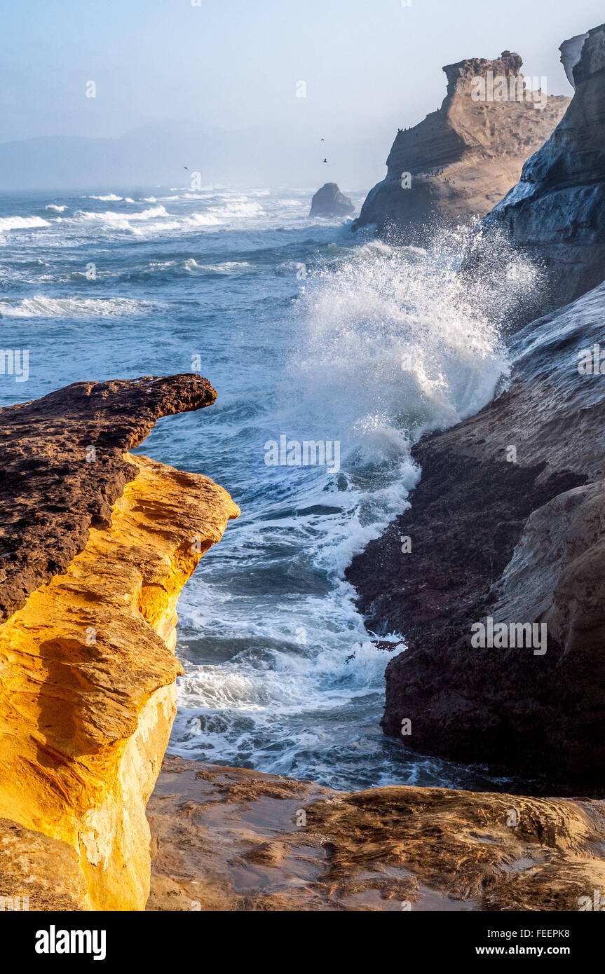 Morning sun casts golden light on sandstone cliffs as waves crash in the distance. Stock Photo