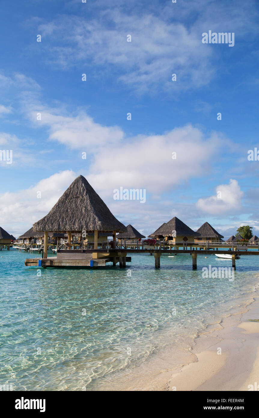 Overwater bungalows of Intercontinental Bora Bora Le Moana Resort, Bora Bora, Society Islands, French Polynesia Stock Photo