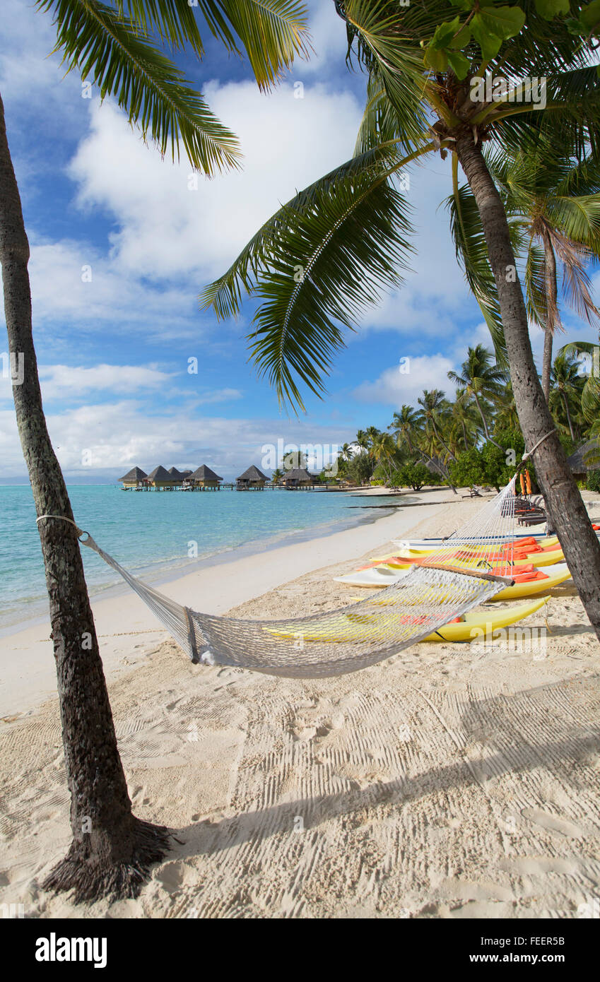 Beach of Intercontinental Bora Bora Le Moana Resort, Bora Bora, Society Islands, French Polynesia Stock Photo