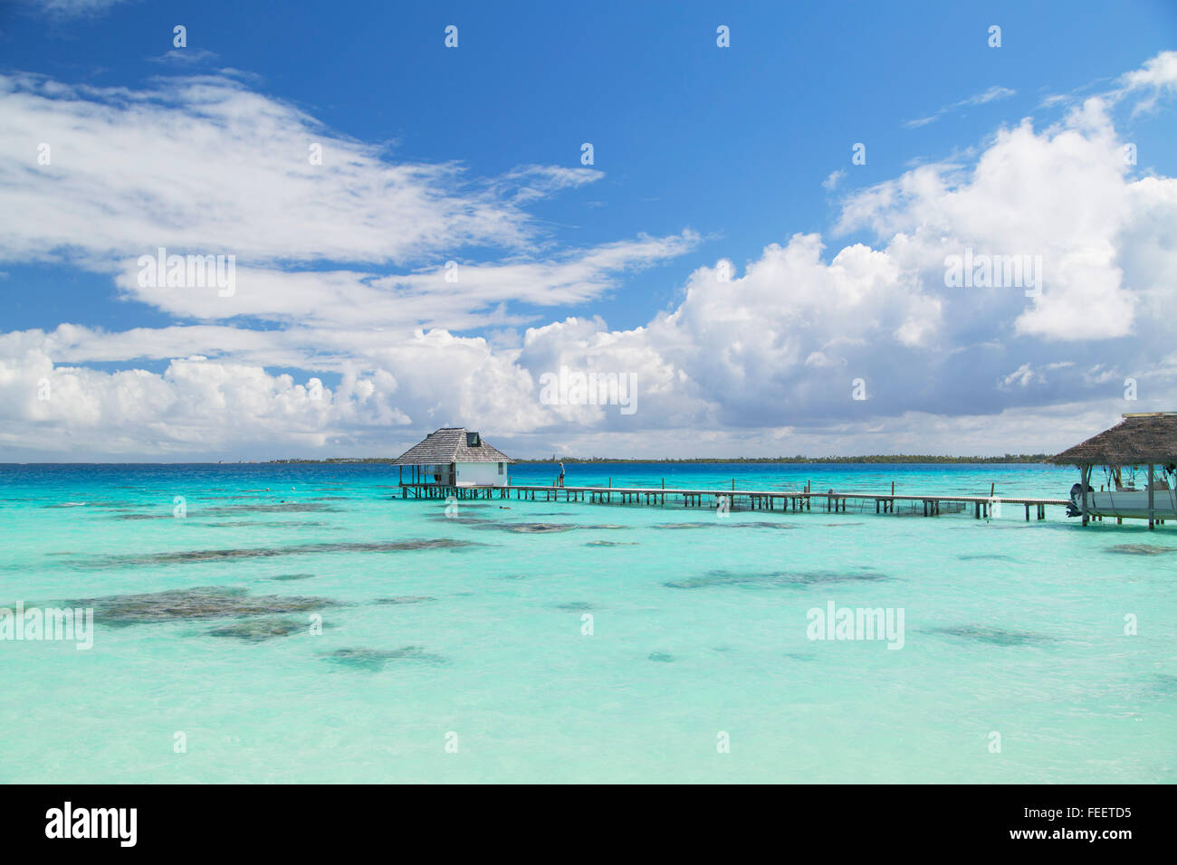 Jetty on lagoon, Fakarava, Tuamotu Islands, French Polynesia Stock Photo