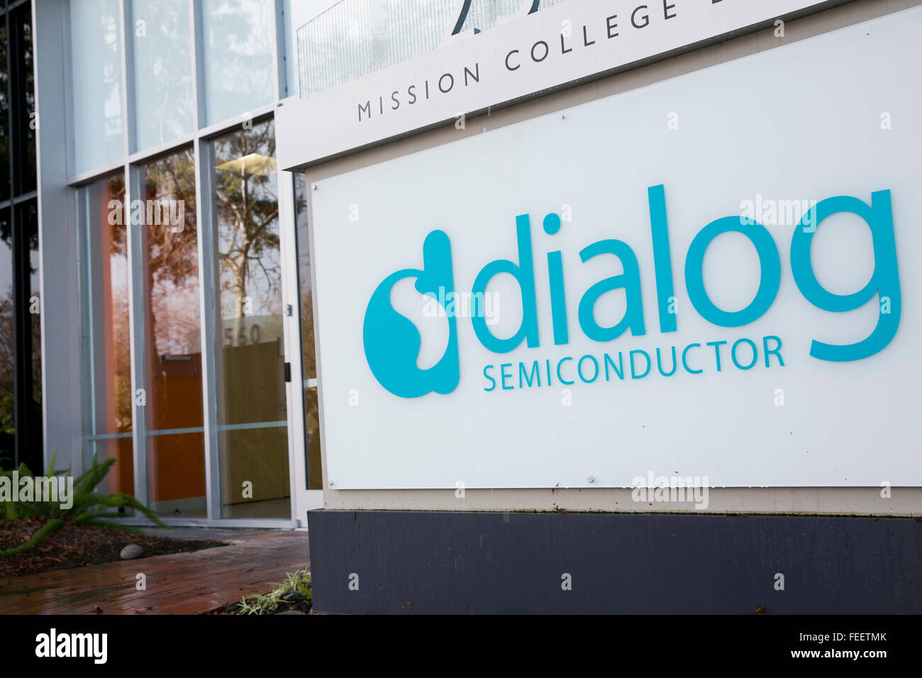 A logo sign outside of a facility occupied by Dialog Semiconductor in Santa Clara, California on January 23, 2016. Stock Photo