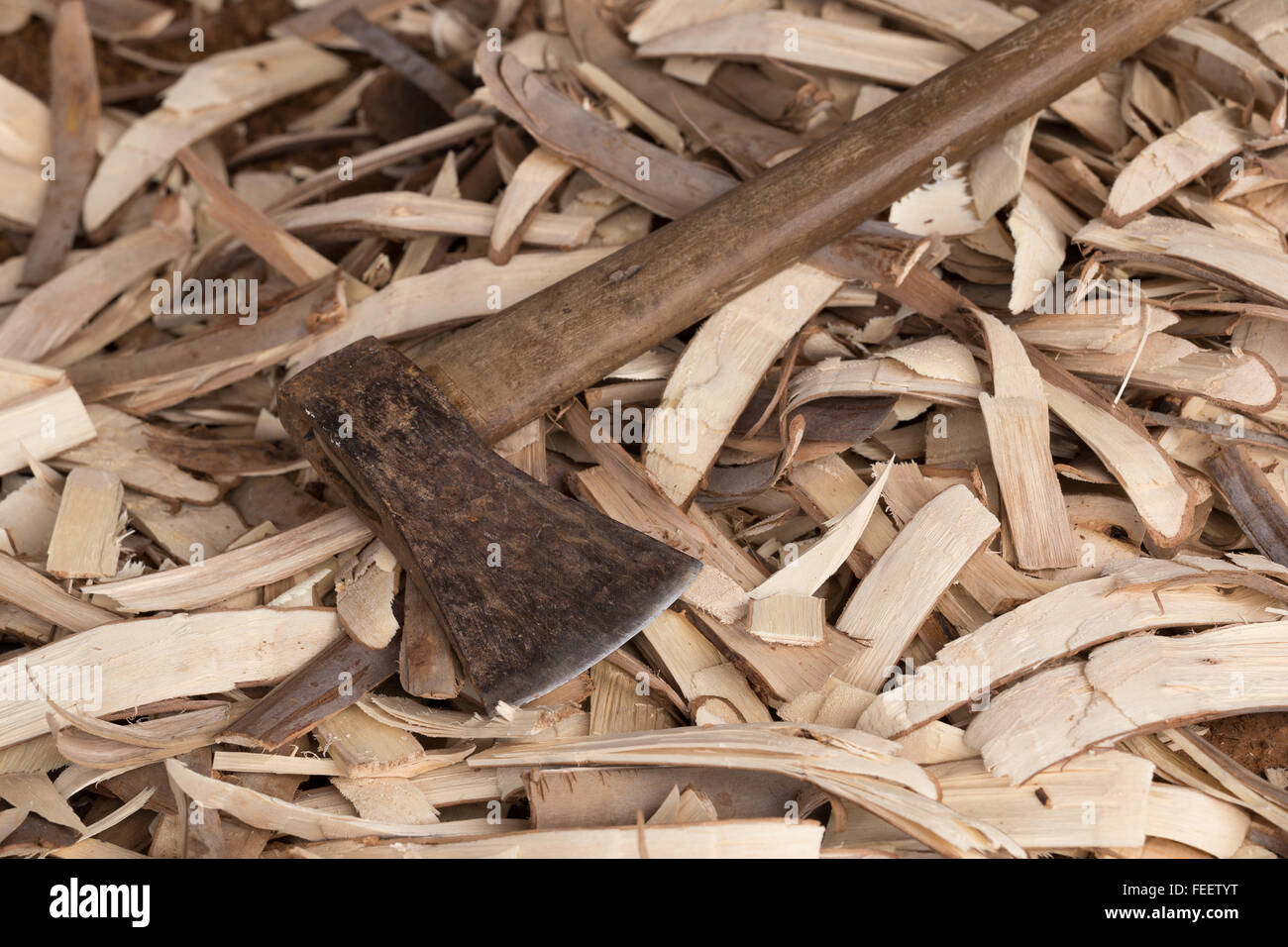 Old heavy axe tool with wood scrap Stock Photo