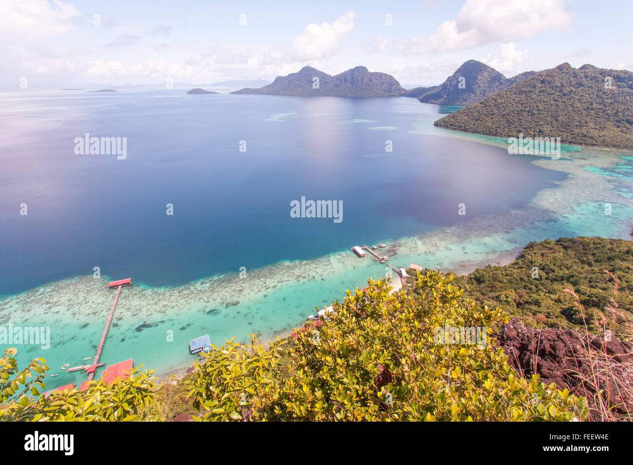 Scenic panoramic top view of Tun Sakaran Marine Park tropical island Semporna, Sabah. Stock Photo