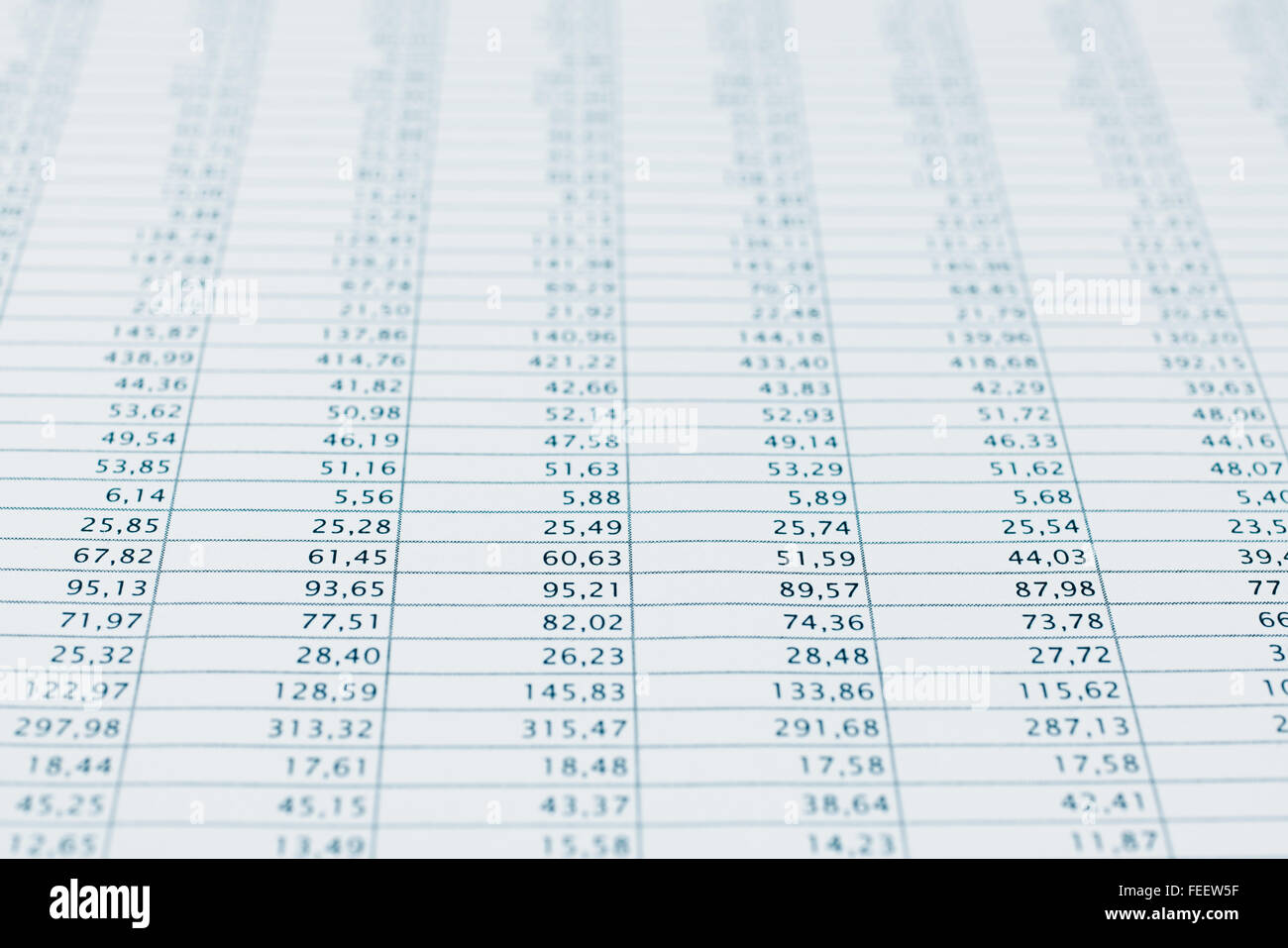 Business data report selective focus close up. Monthly stock stats spreadsheet. Blue toned. Stock Photo