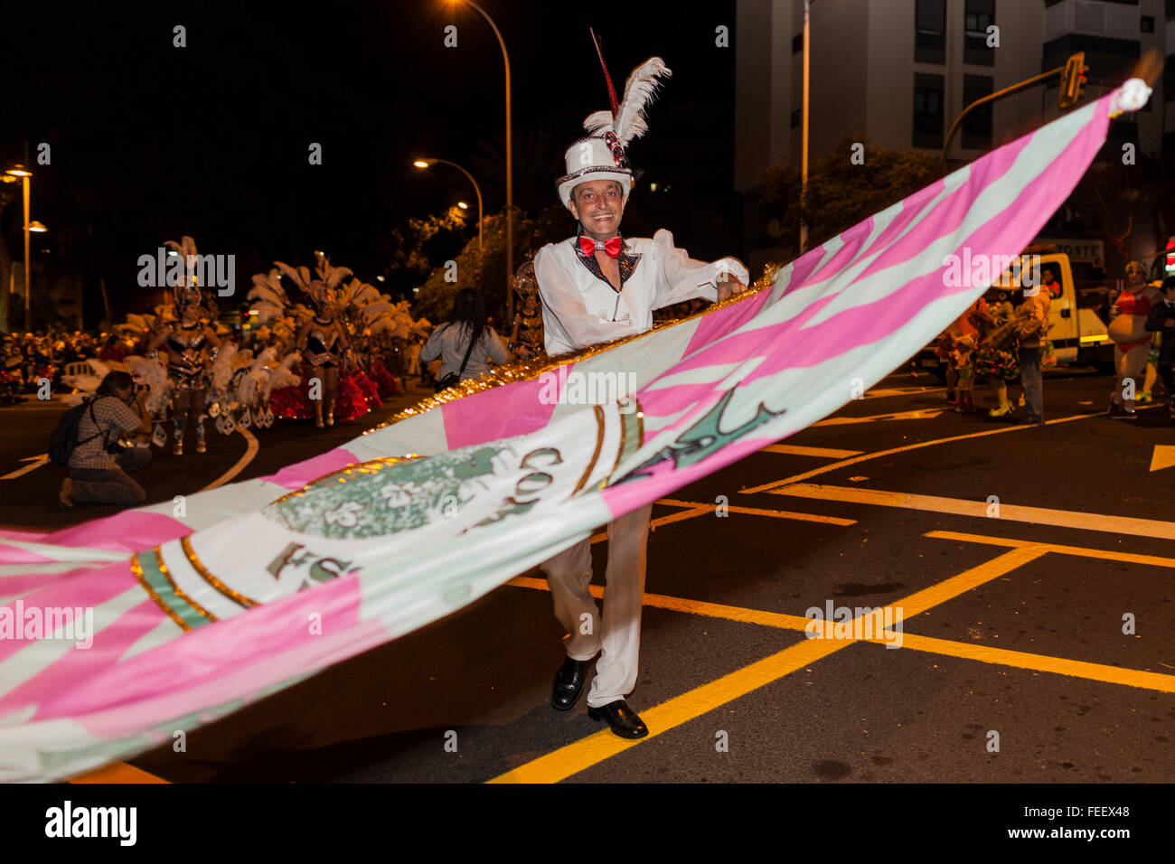 Santa Cruz, Tenerife. 5 Feb 2016. Characters, dancers and floats at the opening parade of the Carnaval de Santa Cruz de Tenerife. Thousands of people in groups of dancers, murgas, comparsas, and general fancy dress celebrate the official start to Carnival with the night parade through the streets of Santa Cruz. Stock Photo