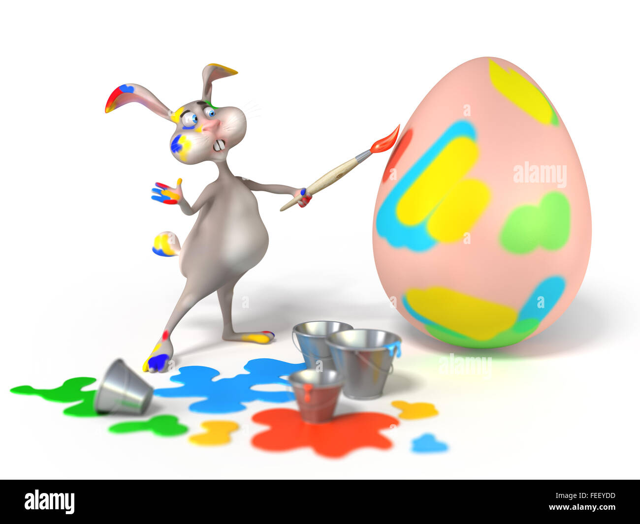 Cartoon Easter Bunny as abstract artist is painting on a egg on white background. Holiday  3d illustration Stock Photo