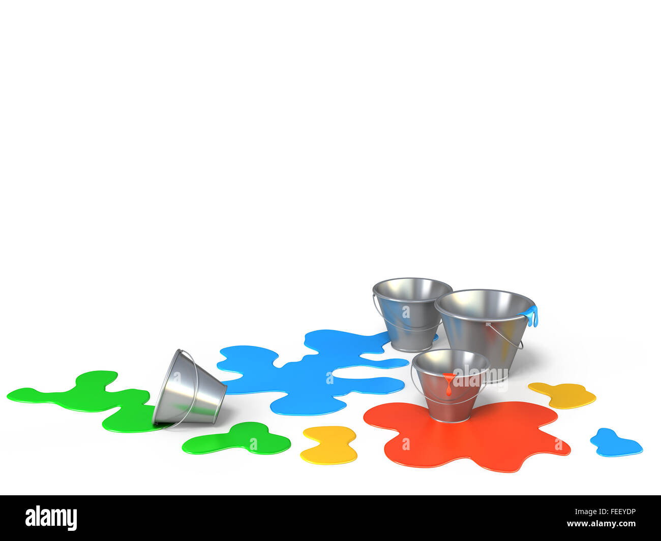 Buckets with different colors paint on a white background.  A lot of ink spilled so got kind of a artist's palette Stock Photo