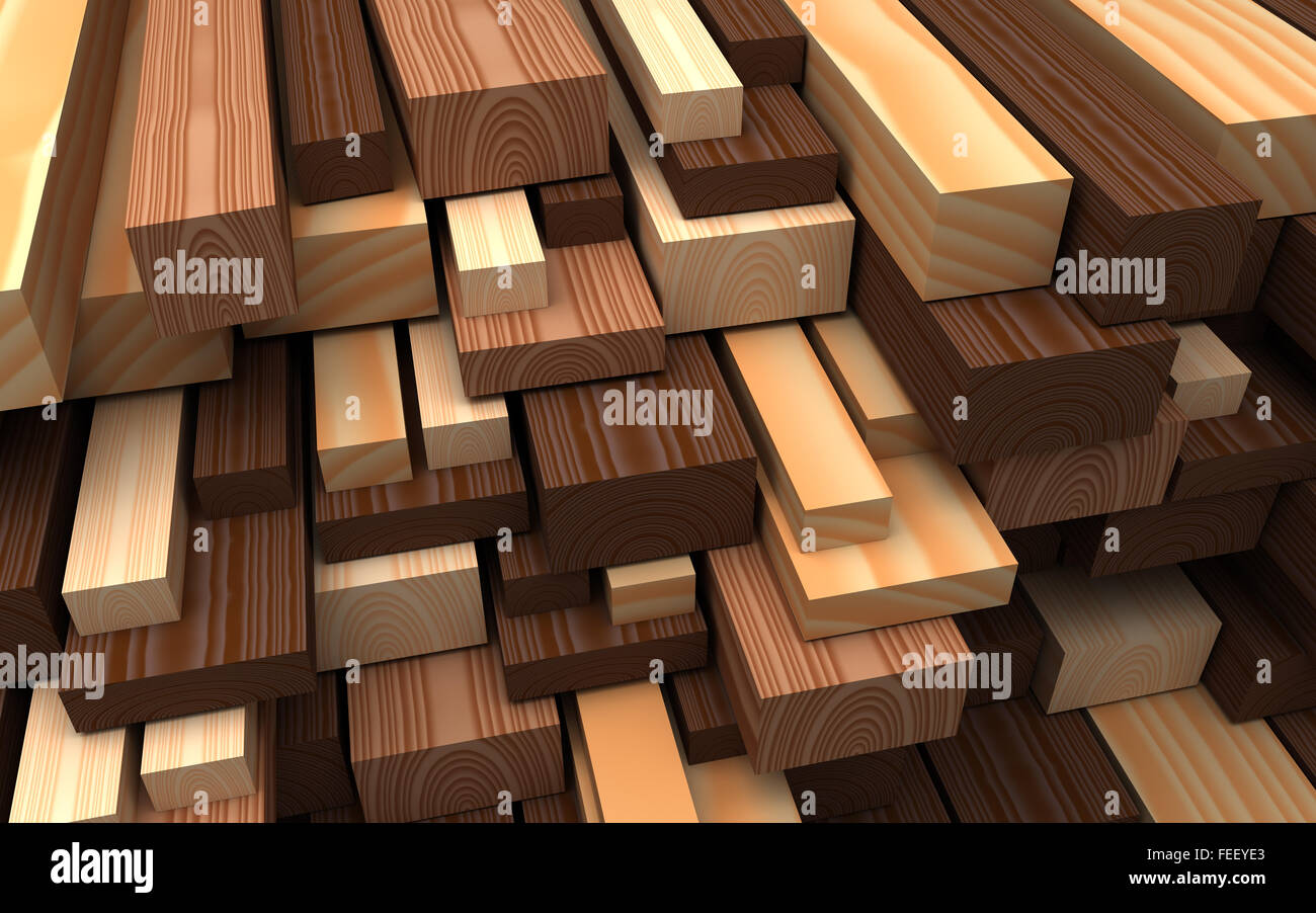 Construction materials. Set of different wooden boards and plank  made of redwood, pine, ash, beech. Industrial 3d Illustration Stock Photo