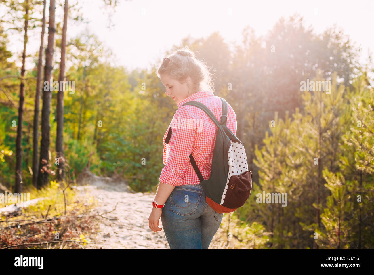 Close Up Beautiful Plus Size Young Smiling Woman In Shirt Posing In Summer Forest At Woods Background Stock Photo