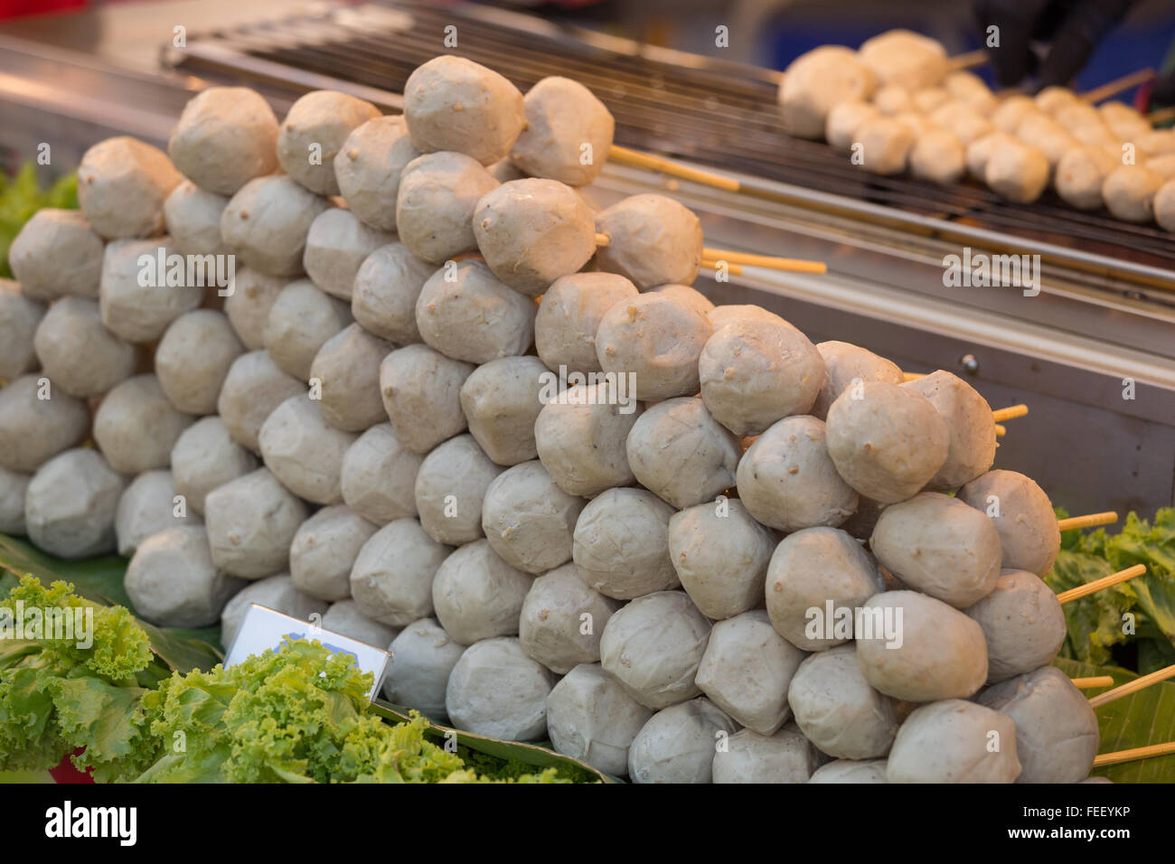 The grilled sausage and meat ball in Thai style at market Stock Photo