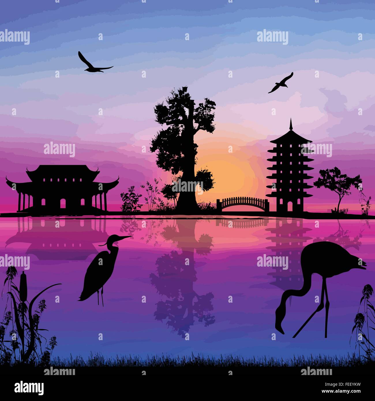 Beautiful asian landscape near water on sunset, vector illustration Stock Vector