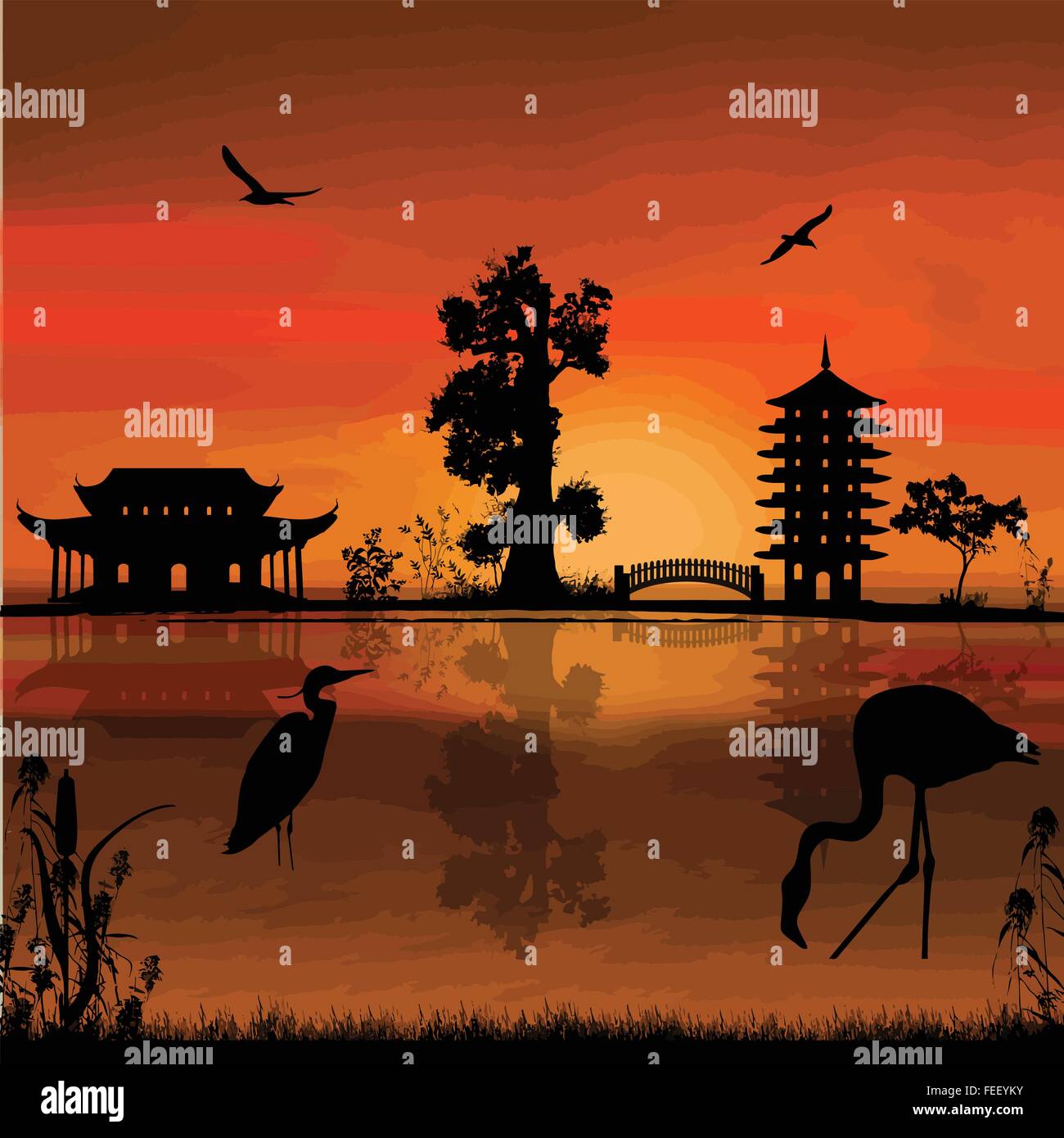 Beautiful asian landscape near water on sunset, vector illustration Stock Vector