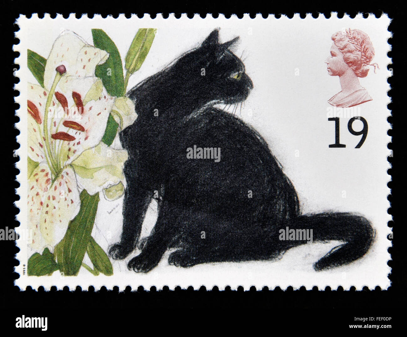 Postage stamp. Great Britain. Queen Elizabeth II. 1995. Cats. Sophie (Black cat). 19p. Stock Photo