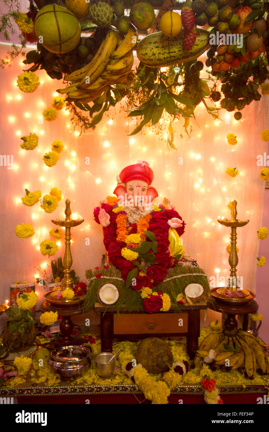 Goan Matoli, decorative canopy in which fresh fruits and flowers are revered along with the idol of Ganesha Stock Photo