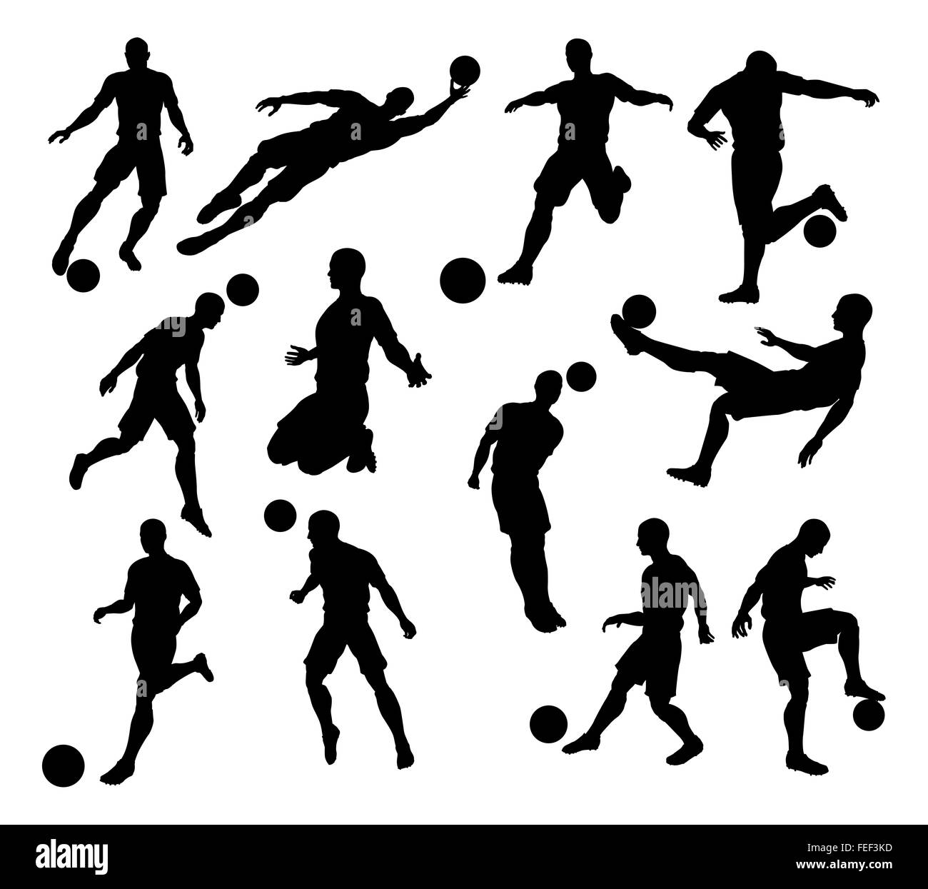 A set of Silhouette Soccer Players in lots of different poses Stock Photo