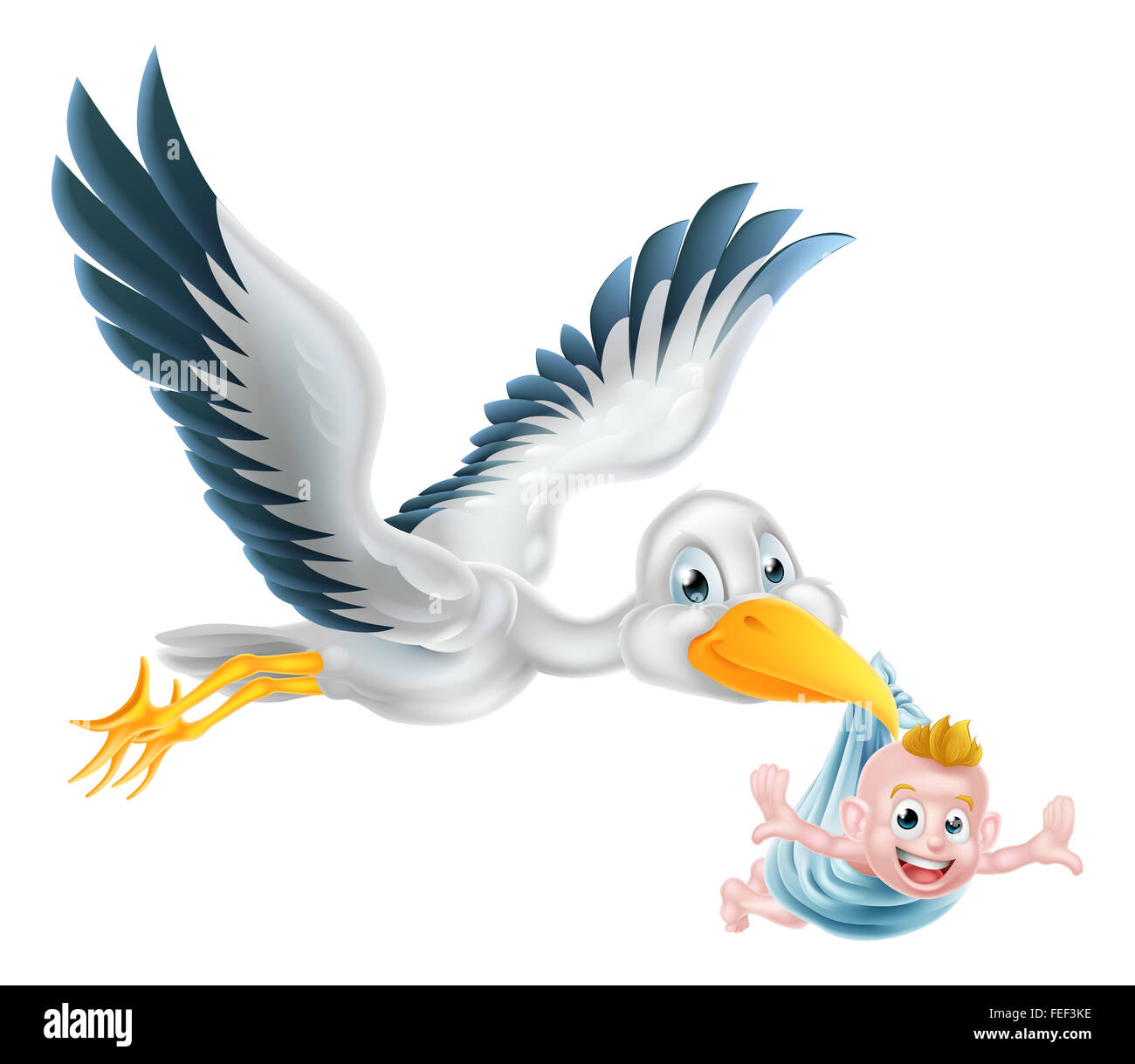 A happy cartoon stork bird animal character flying through the air holding a newborn baby. Classic myth of stork bird delivering Stock Photo