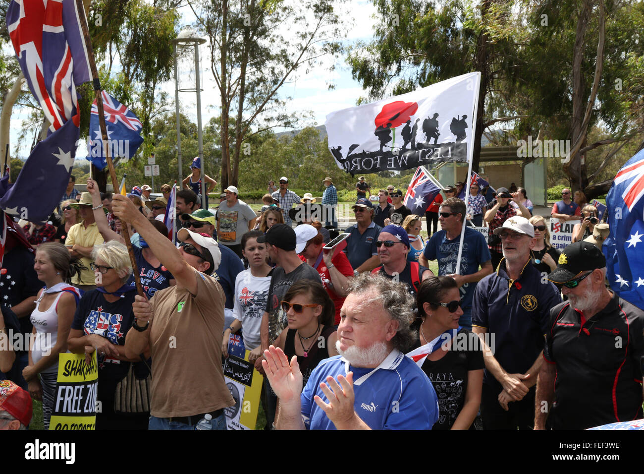 Canberra, Australia. 6 February 2016. Pictured: Protesters cheer the ...