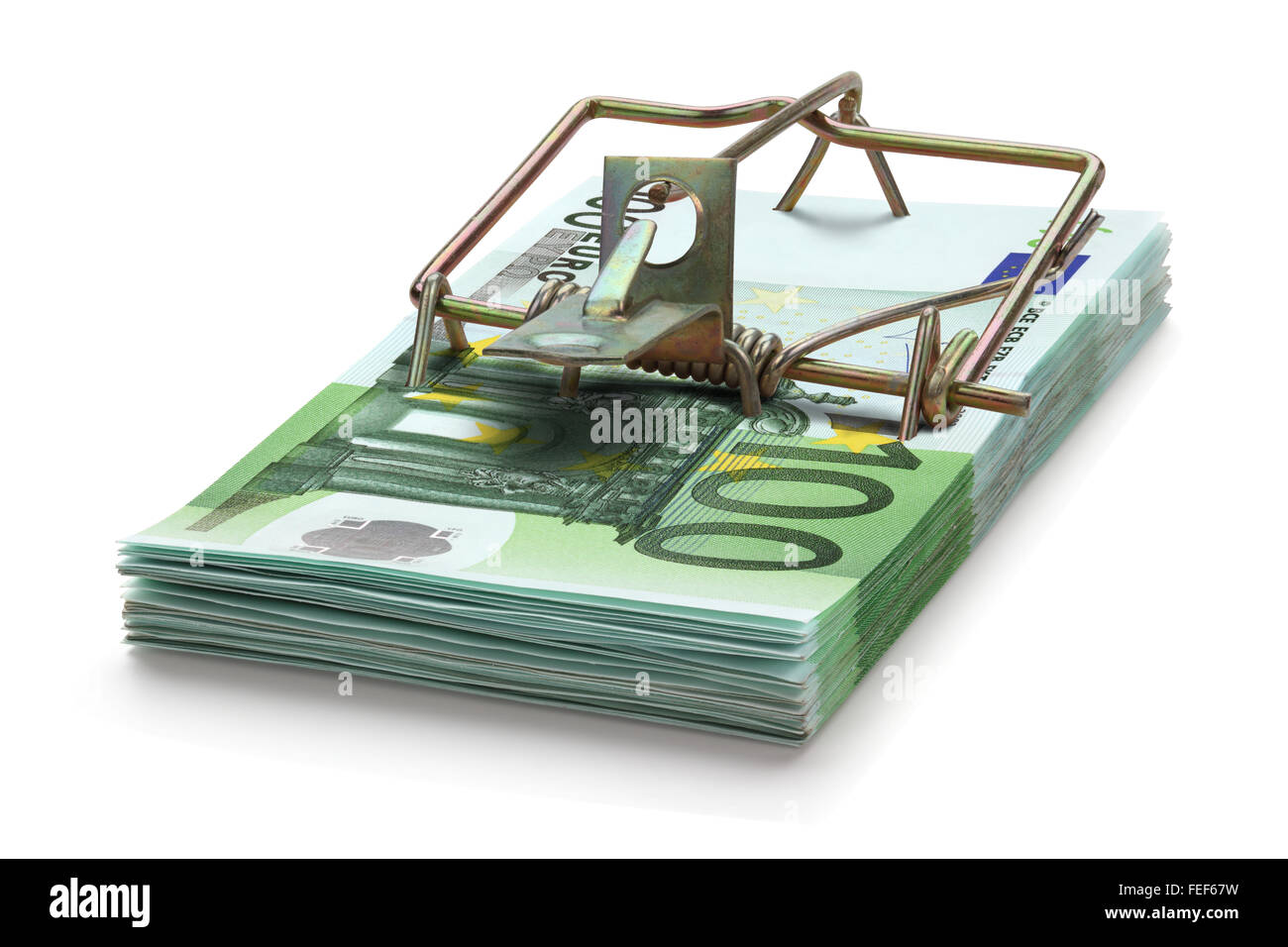 Mousetrap made of one hundred euro banknotes, isolated on the white background. Full focus. Stock Photo