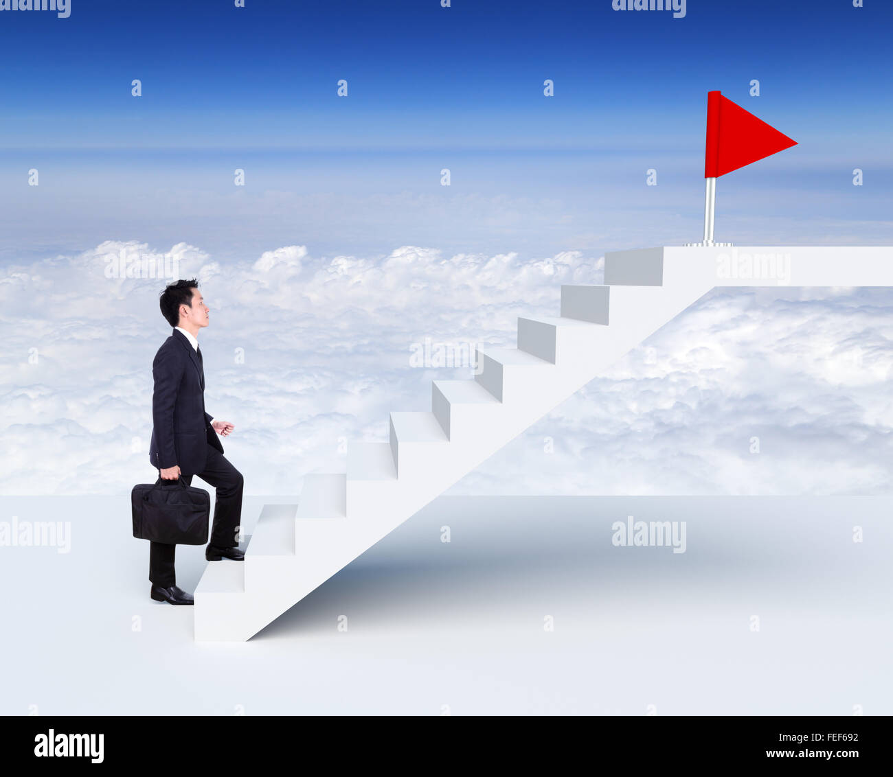 Step Flag And Rises Business man stepping up on stairs to red flag with cloud and sky ...