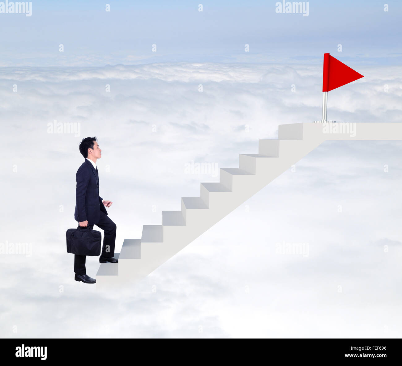 Stepping Flags Business man stepping up on stairs to red flag with cloud and sky ...