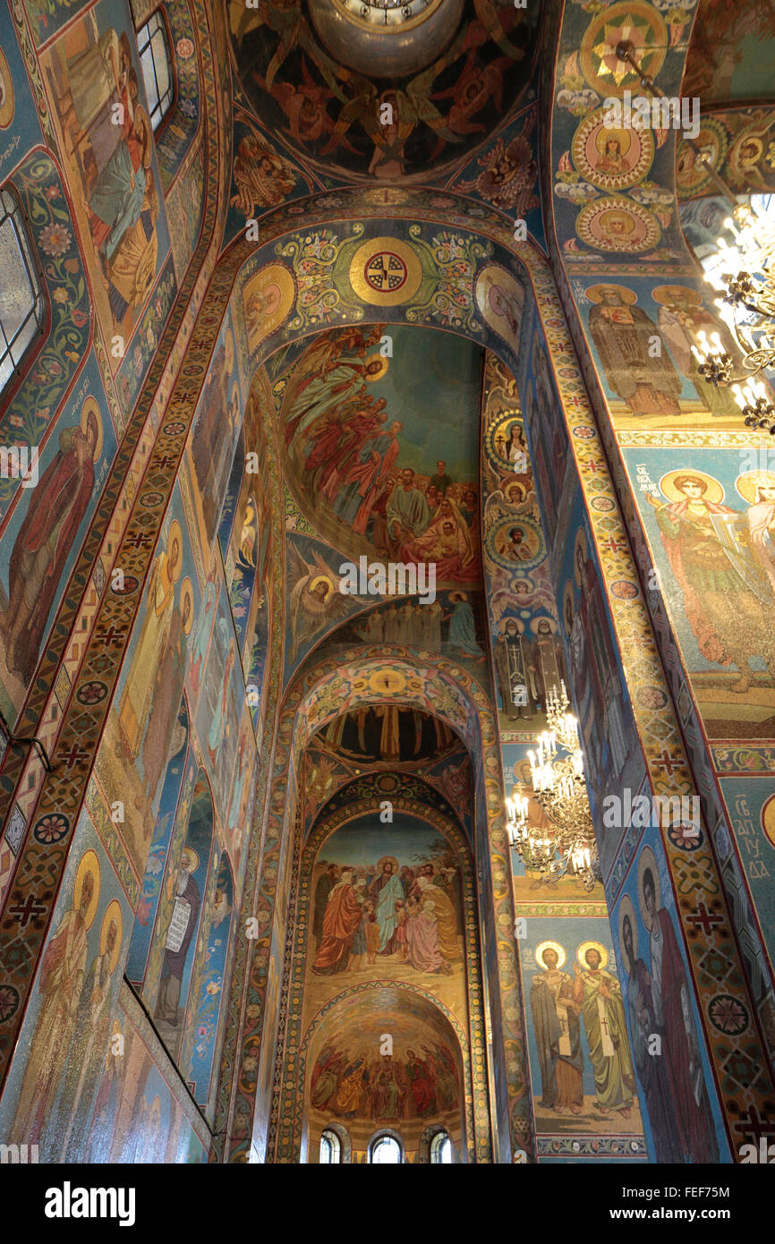 View looking up at the painted columns, walls & ceiling inside the Church of the Savior on Spilled Blood, St Petersburg, Russia. Stock Photo