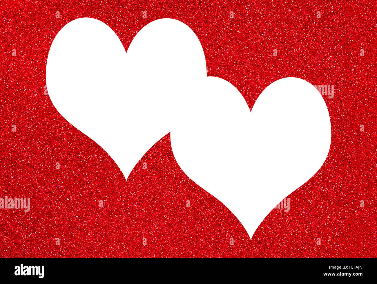 Two white hearts on a red Textured, glitter background with copy space lots of room for text ,ideal for Valentine's Day, poster, Stock Photo