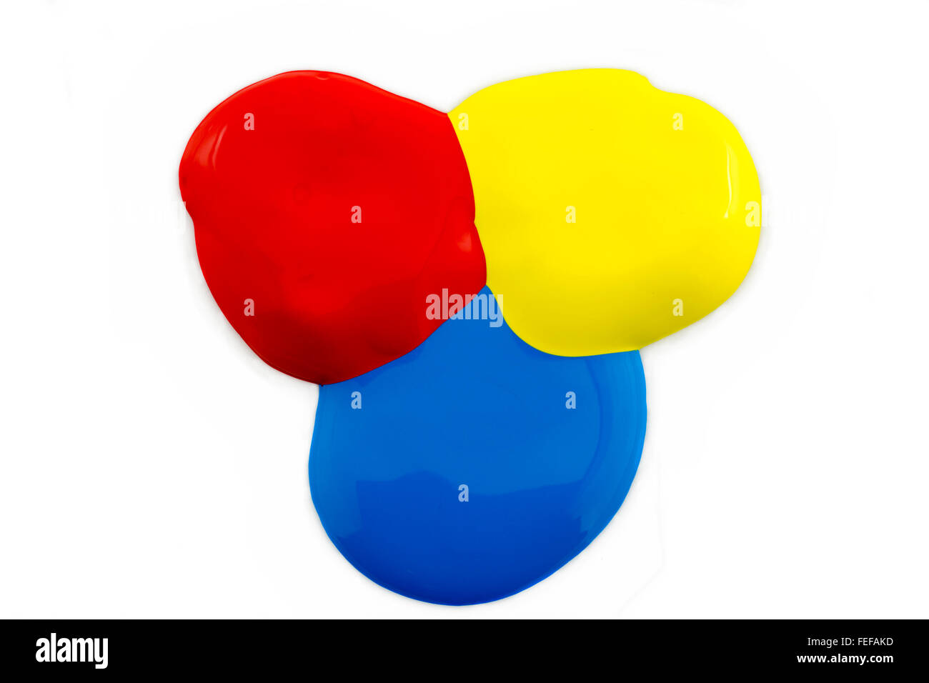 Three colors of poster paint red ,yellow and blue on a white background