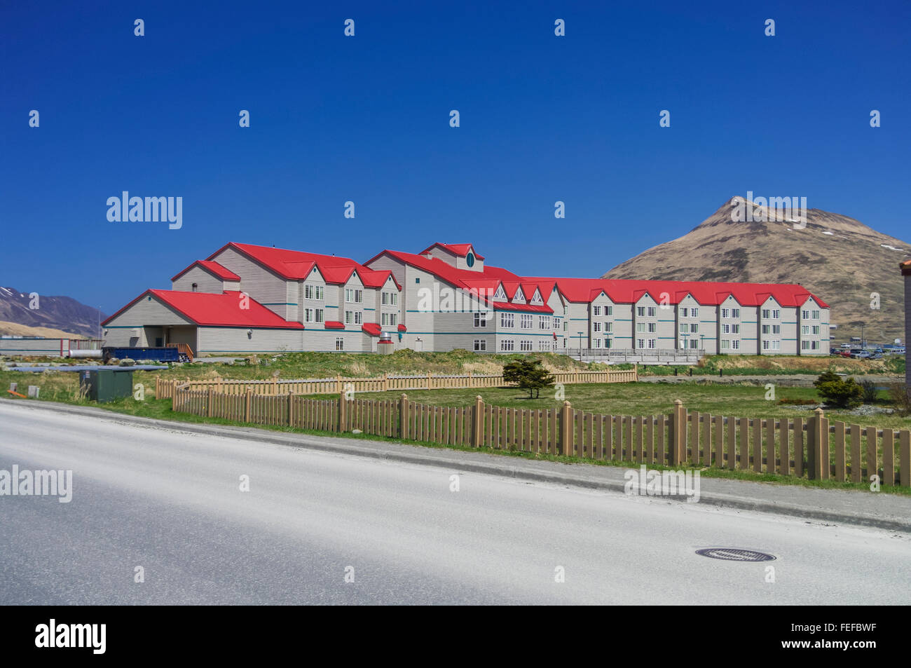 Main building of the Grand Aleutian Hotel, the largest hotel of Dutch Harbor/Unalaska, Alaska, United States. Stock Photo
