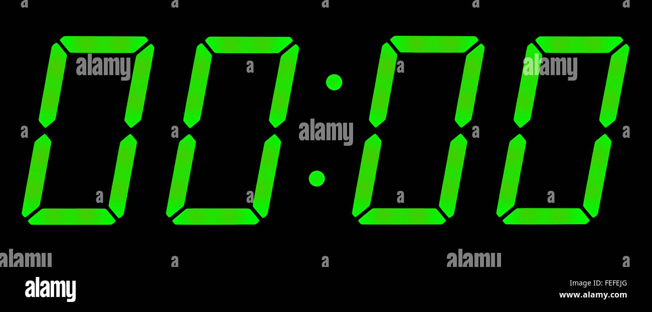 Digital clock show zero hours zero minutes. Isolated on the black