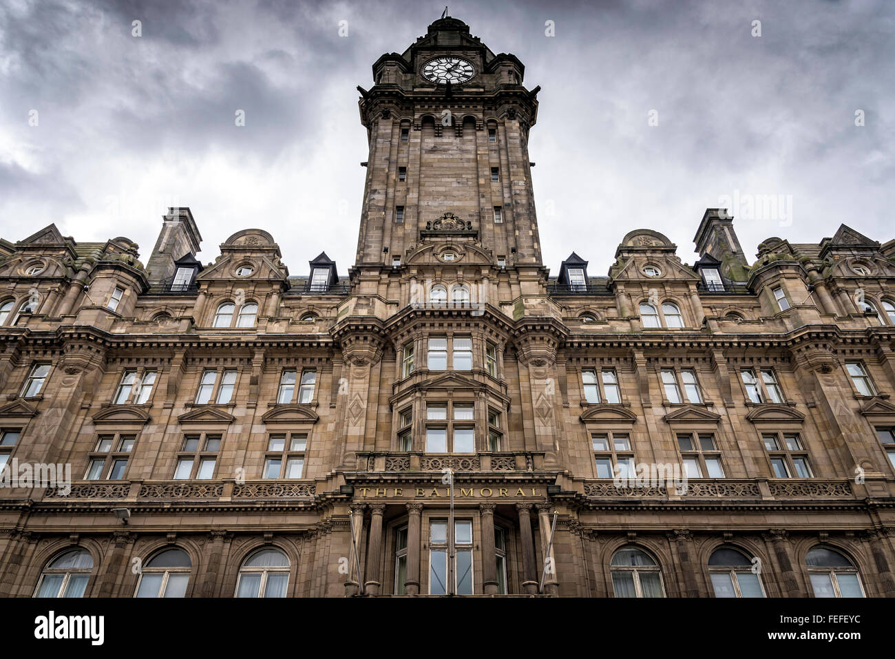 Edinburgh, United Kingdom - August 15, 2014: View of the Balmoral Hotel facade. Balmoral is a luxury five-star hotel. Stock Photo