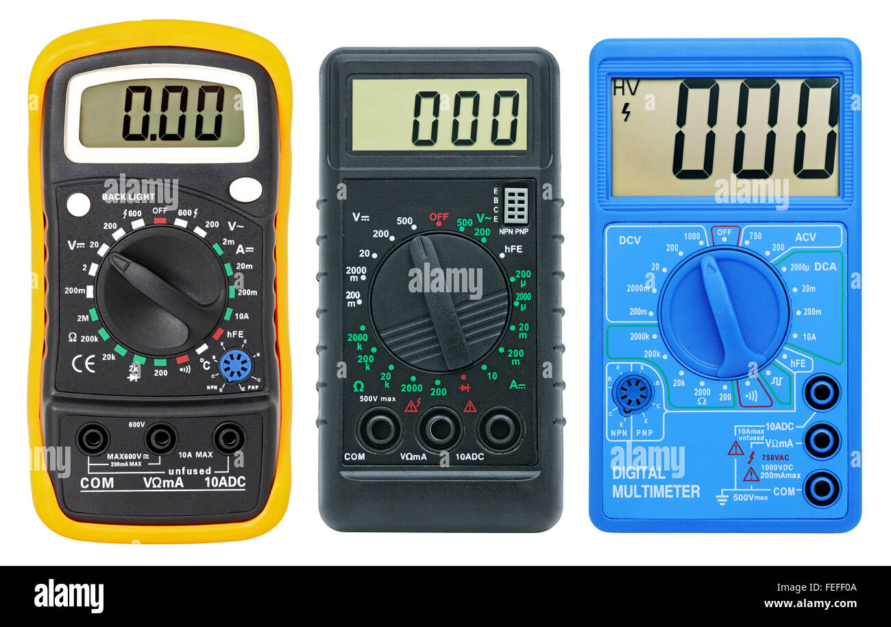 Multimeters for measurement of voltage, a current, resistance. Isolated on a white background. Stock Photo