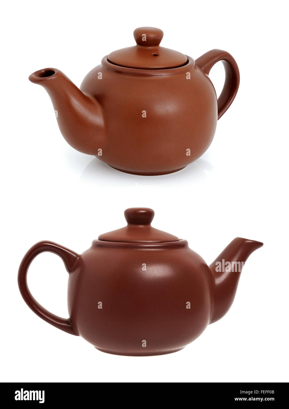 Pottery teapot for brewing tea on white background. Collage Stock Photo